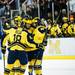 The Michigan team celebrates their fourth goal in the third period of the game against Ferris State on Friday, Mar. 1. Michigan won 4-1. Daniel Brenner I AnnArbor.com